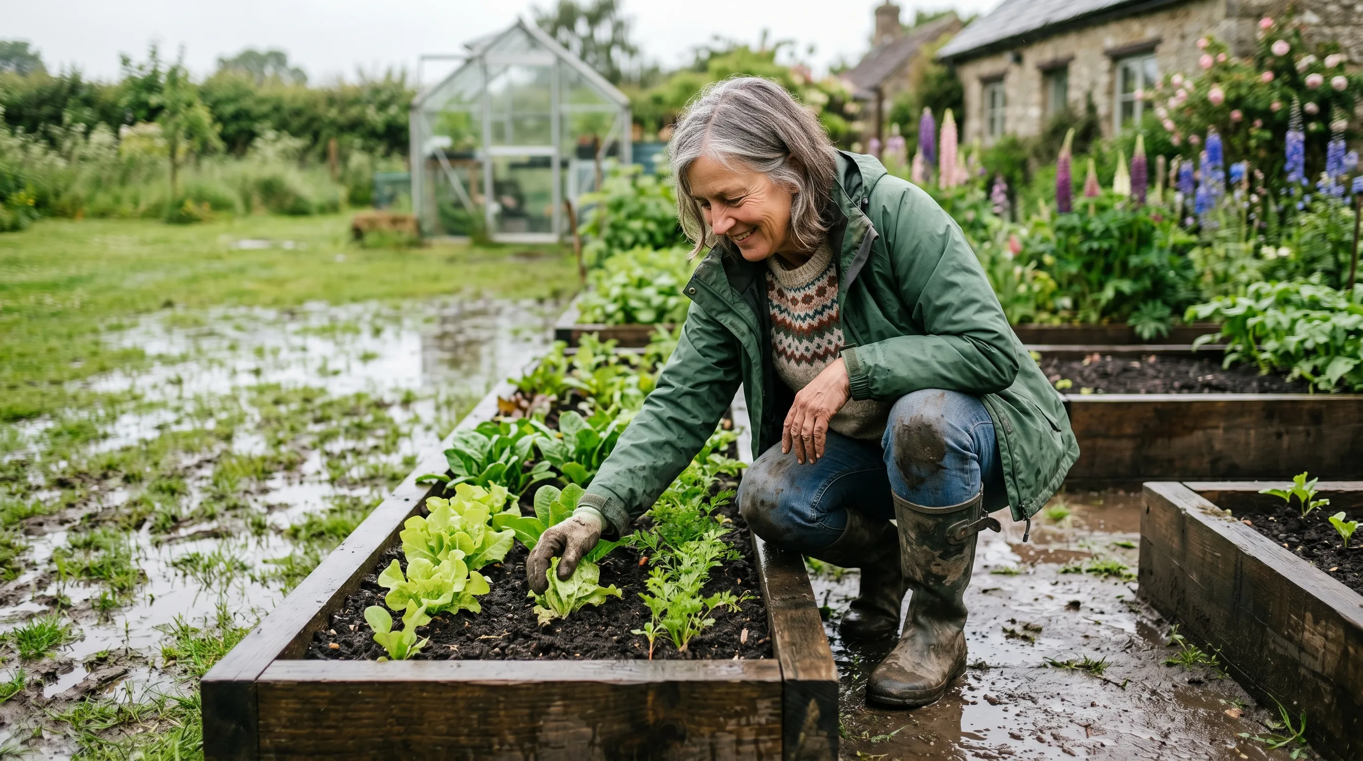 A UK gardener inspecting raised vegetable beds 200mm above the surrounding lawn 3 days after heavy rain, with the lawn around them visibly waterlogged but the raised beds well-drained