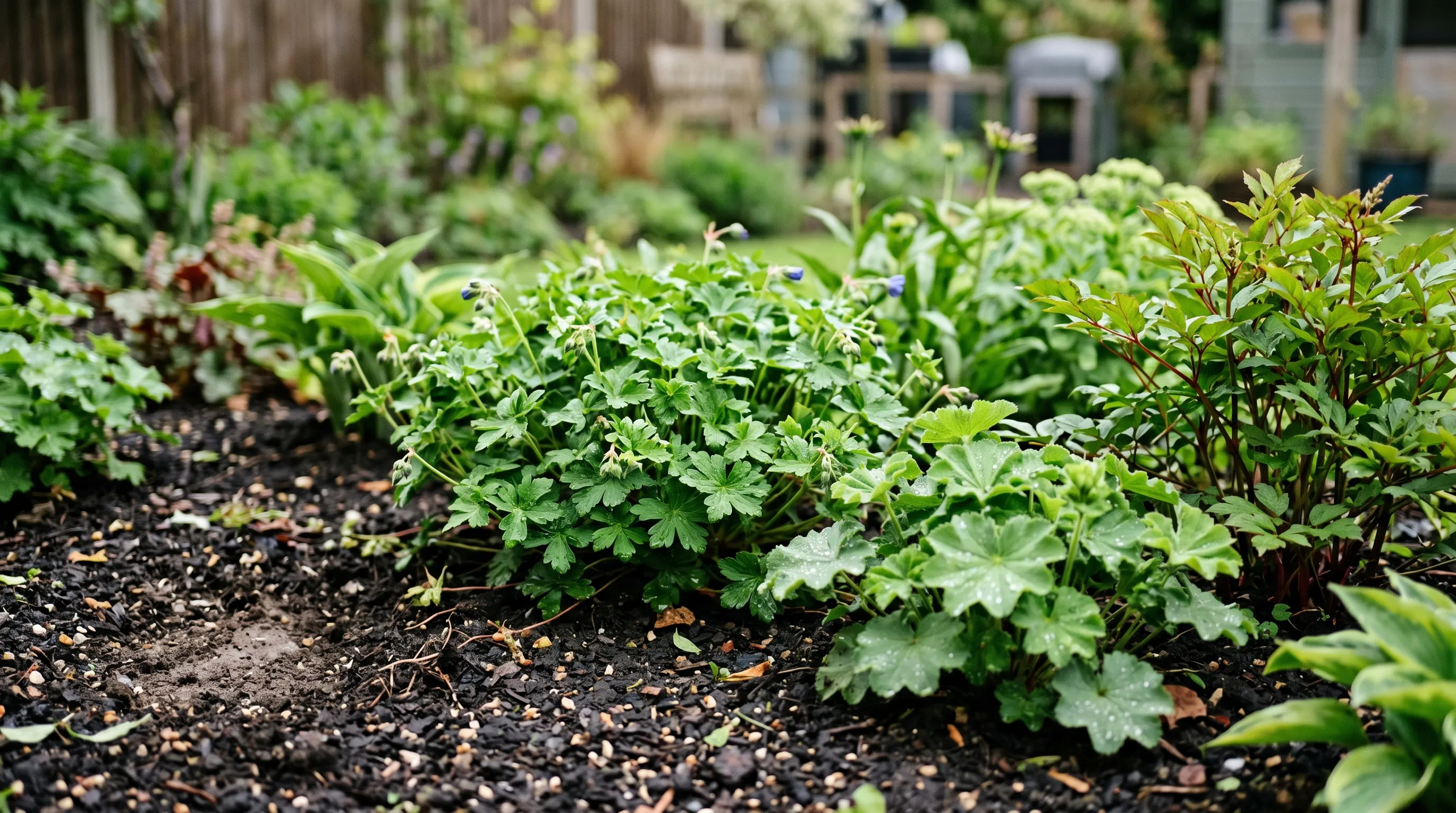 A close-up of a UK garden flowerbed showing recovery 14 days after heavy waterlogging, with most perennials showing new green growth and only a couple of annuals removed
