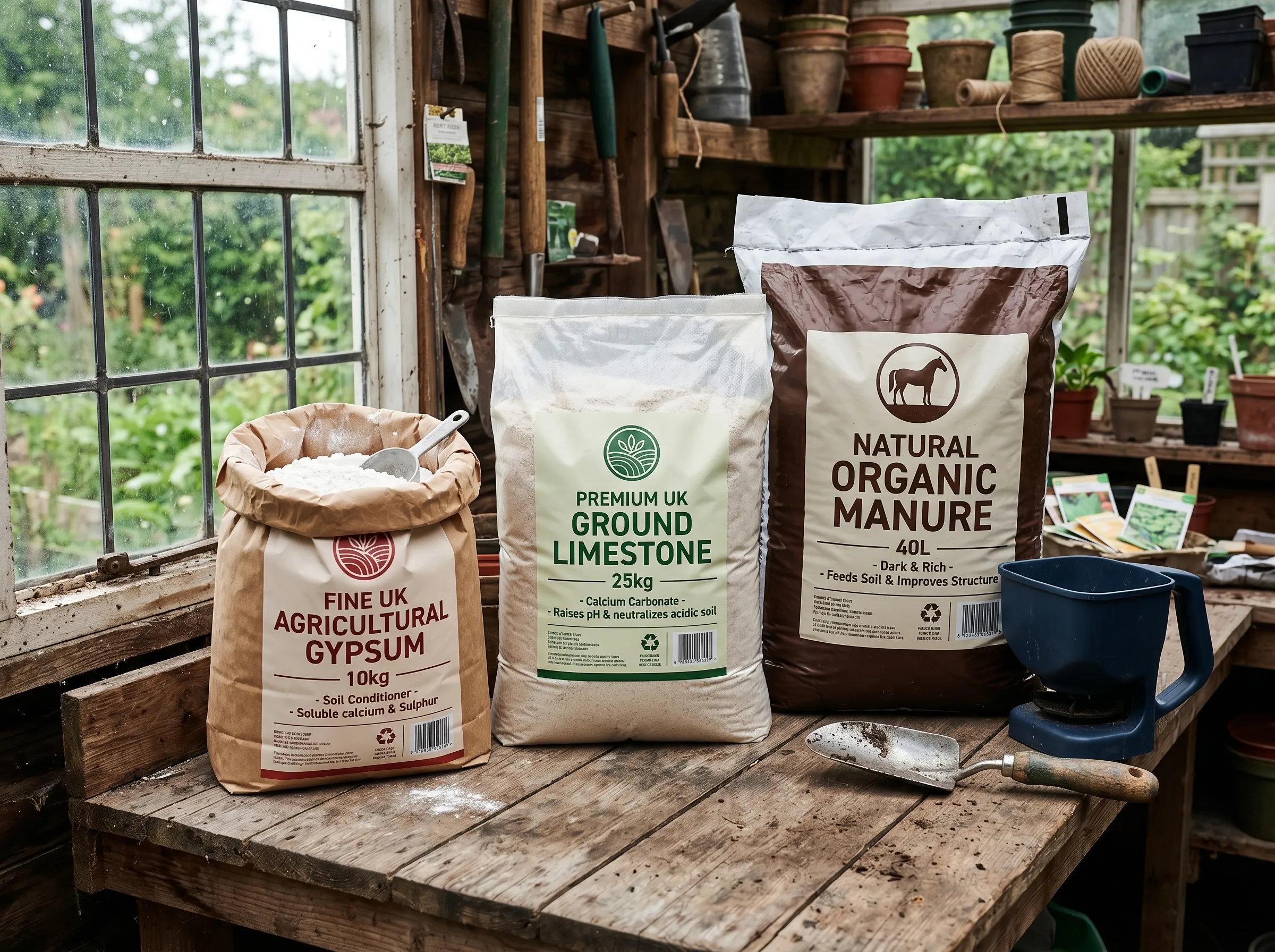 UK soil amendment products laid out on a wooden bench - a 10kg bag of garden gypsum, a 25kg bag of ground limestone, a 40l bag of well-rotted manure and a hand-spreader, ready for soil preparation comparison