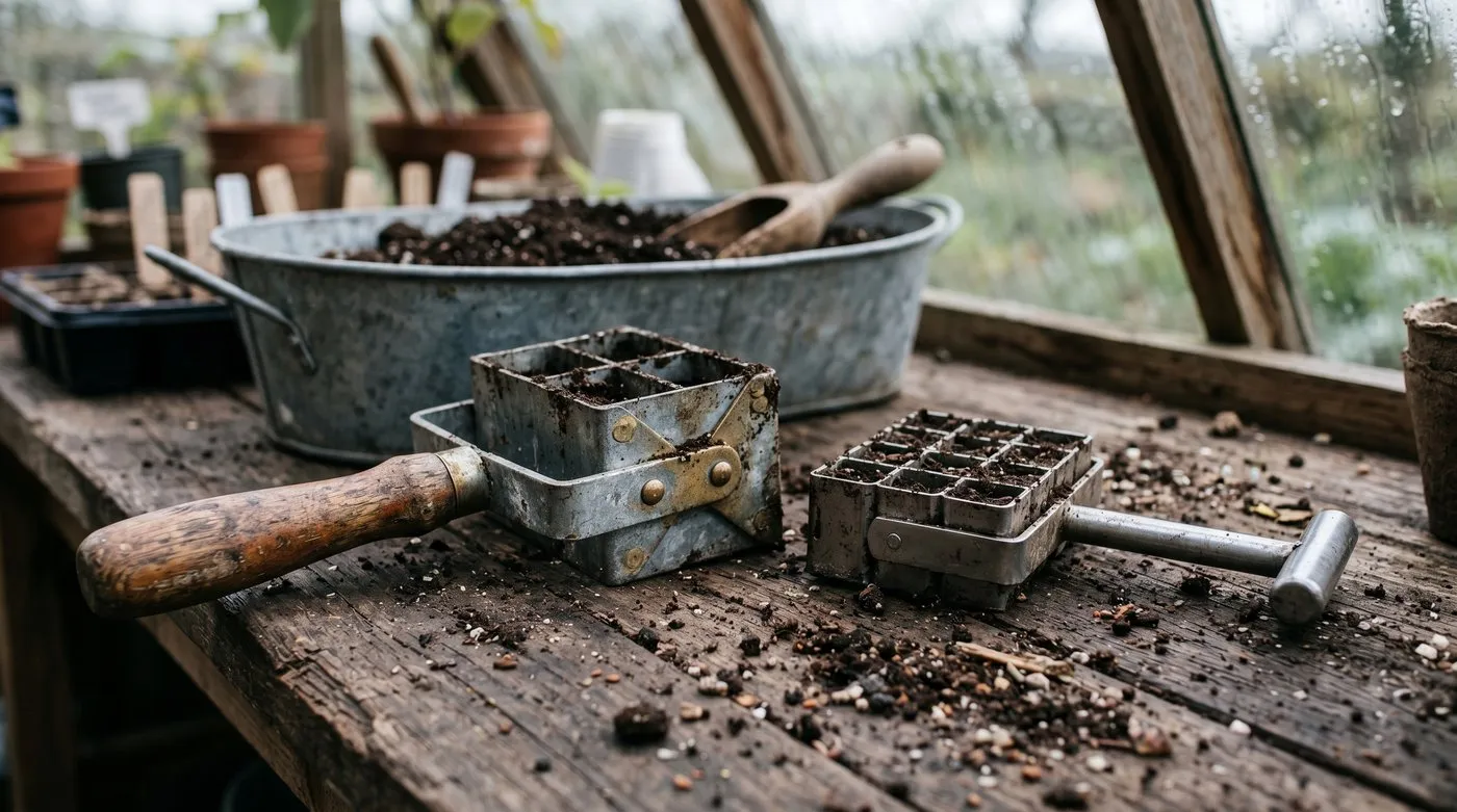 A 50mm four-block soil blocker and a 20mm twenty-block mini stamper on a wooden potting bench