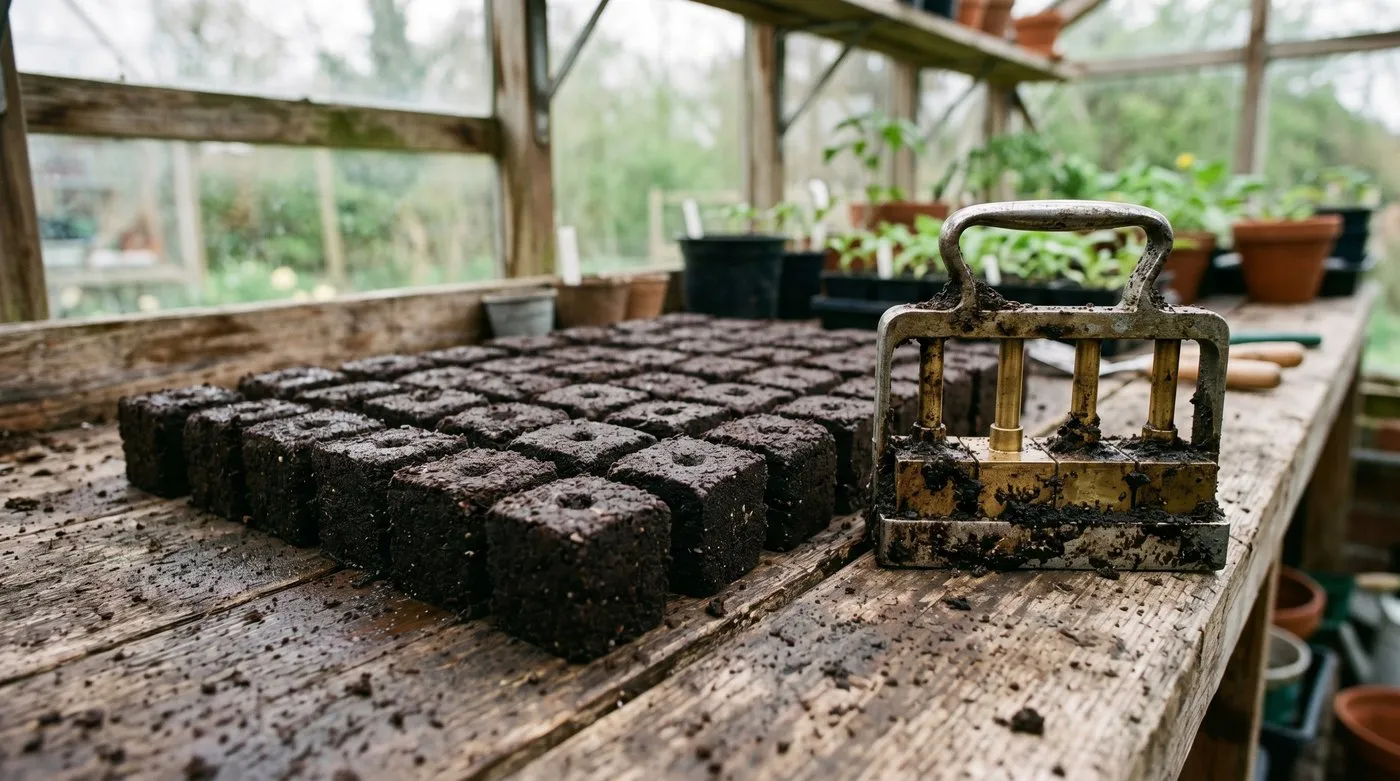 Rows of freshly pressed 50mm soil blocks on a greenhouse potting bench with a metal soil blocker tool