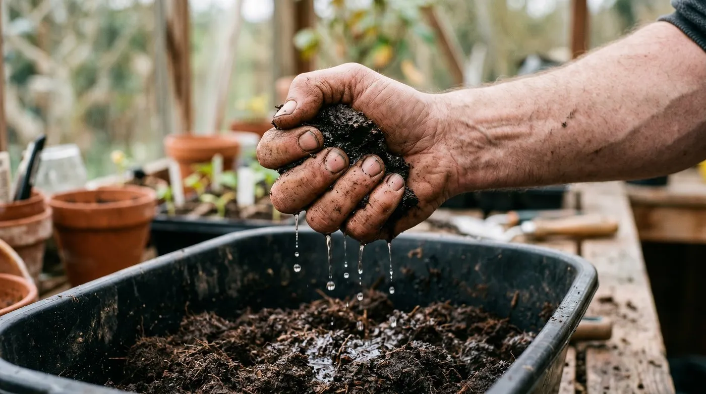 Gardener's hands squeezing a handful of wet soil block mix over a mixing trug to test the consistency