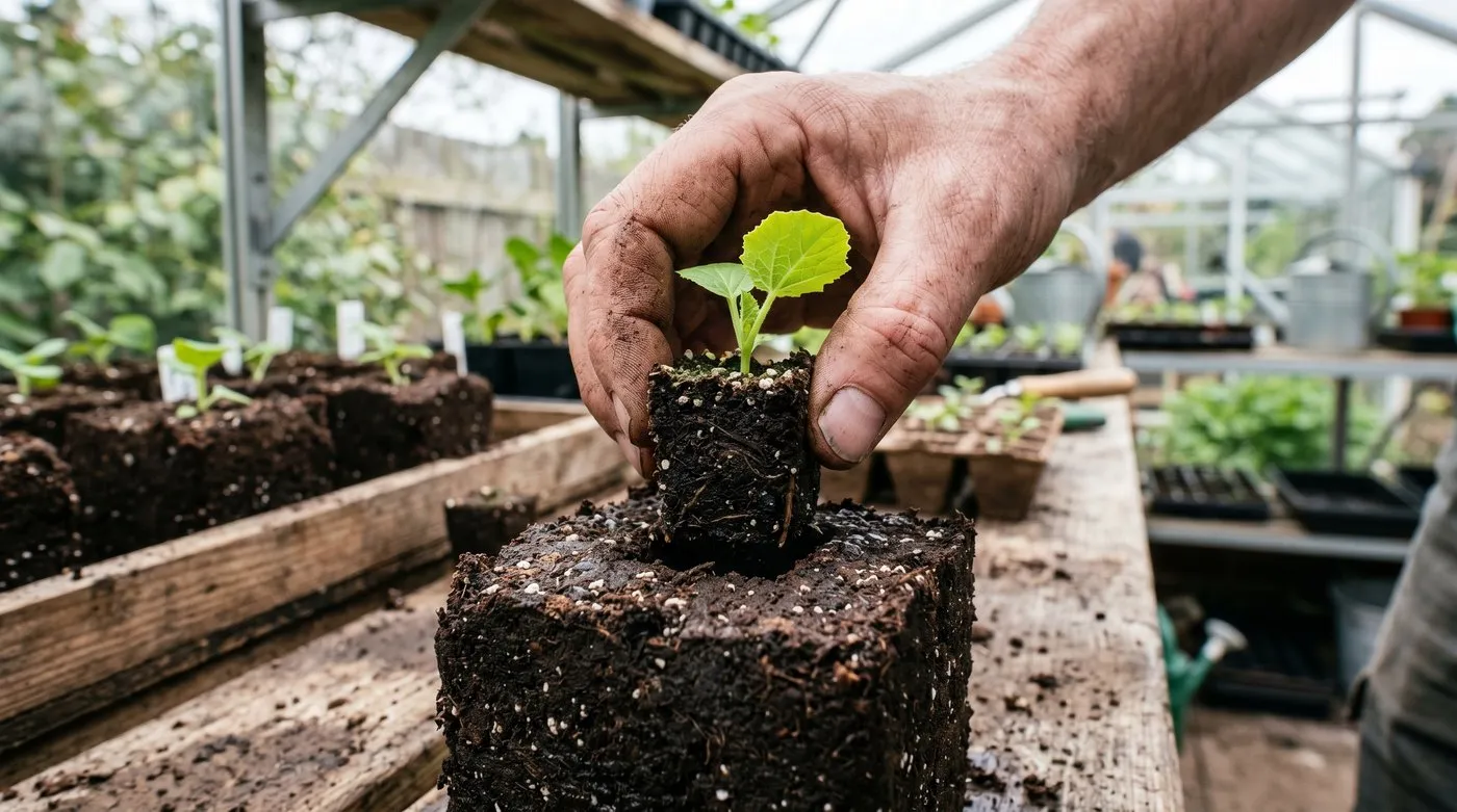 A 20mm soil block with a young seedling being nested into the square socket of a 50mm soil block