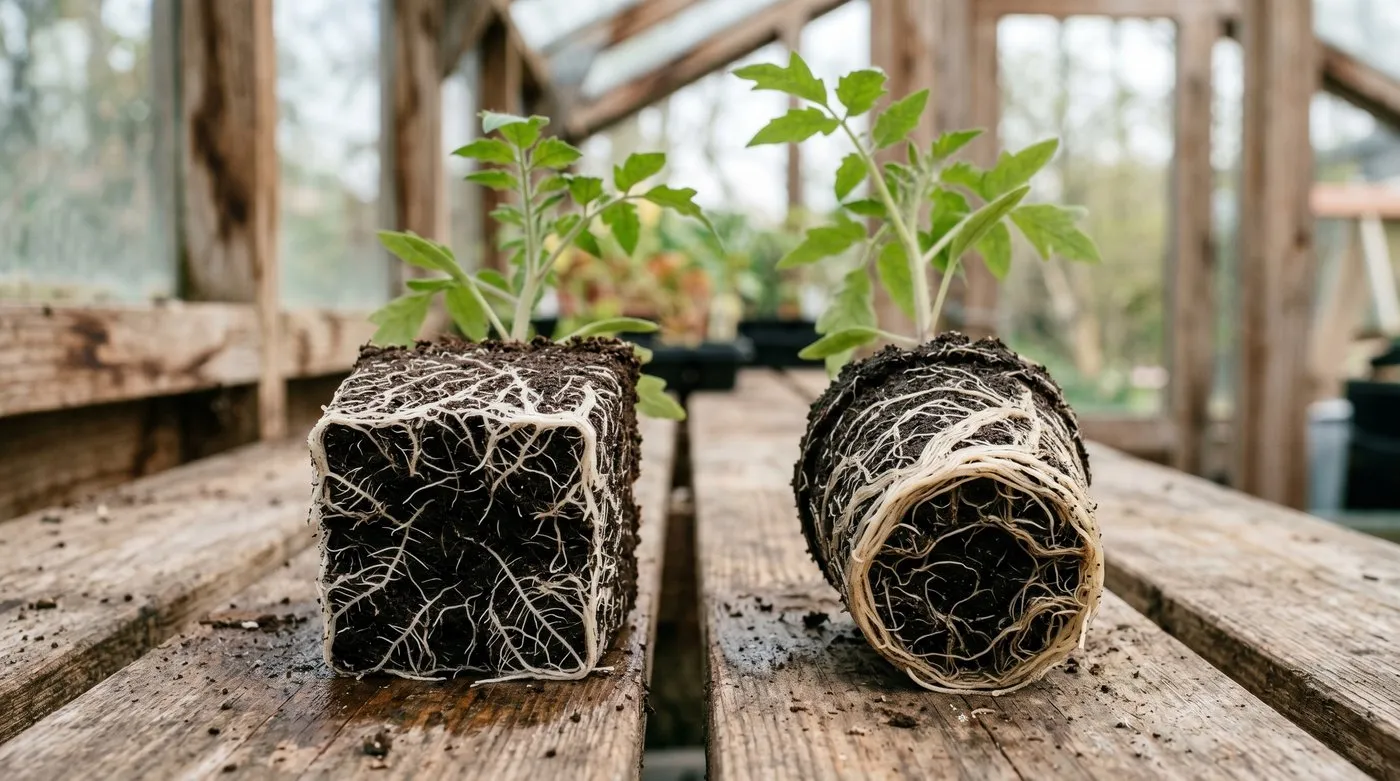 Close-up comparison of an air-pruned soil block root system beside a circling root-bound module tray plug