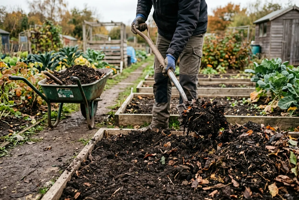 Organic matter being forked into garden soil with well-rotted compost on an allotment