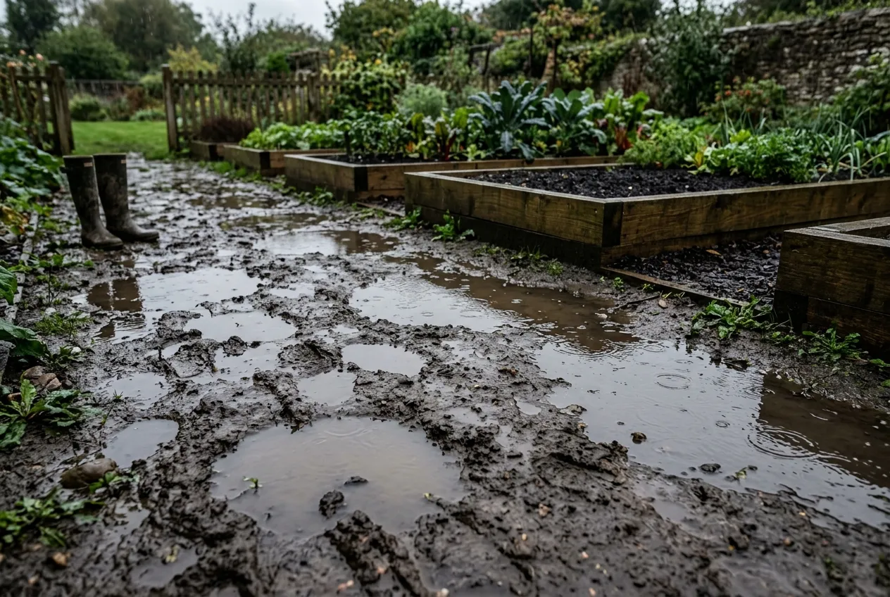 Waterlogged clay soil showing poor drainage with puddles after rain in a UK garden