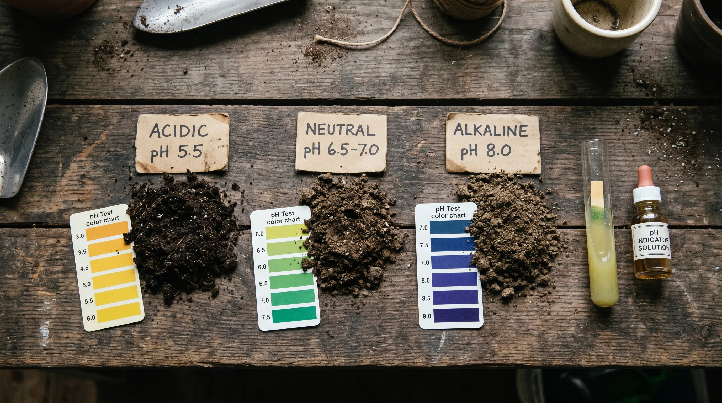 Three small piles of soil on a wooden potting bench with pH test colour cards showing acidic pH 5.5, neutral pH 6.5-7 and alkaline pH 8