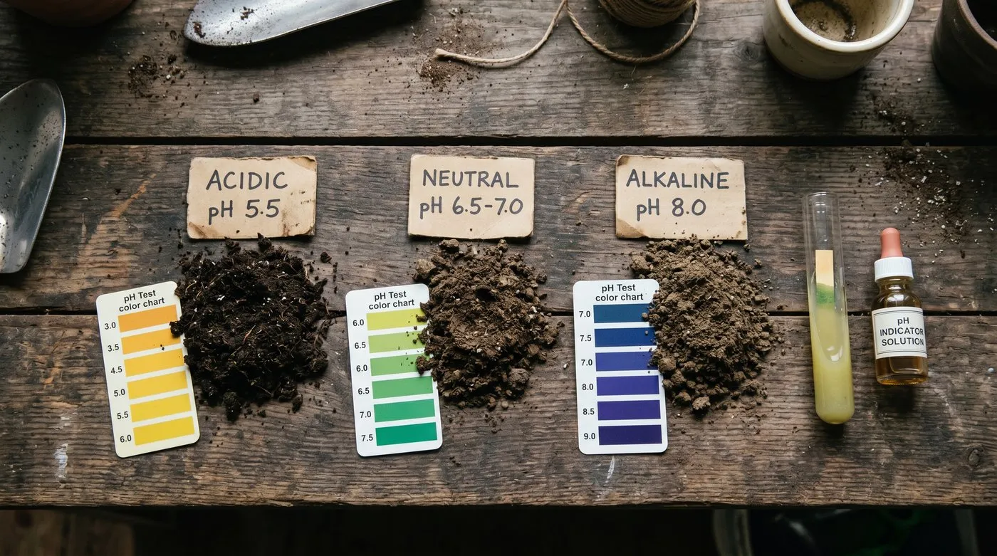 Three small piles of soil on a wooden potting bench with pH test colour cards showing acidic pH 5.5, neutral pH 6.5-7 and alkaline pH 8