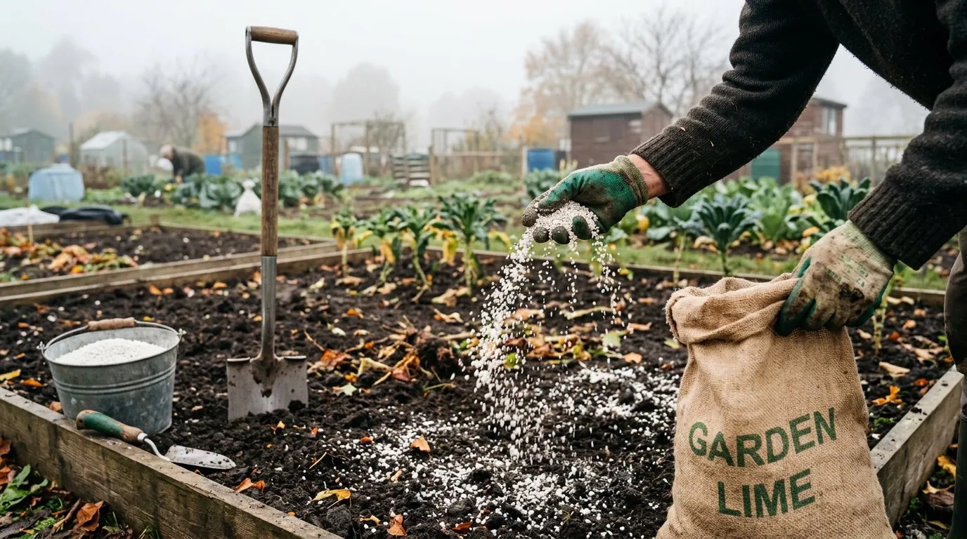 Hands spreading white garden lime over dark soil in a vegetable bed