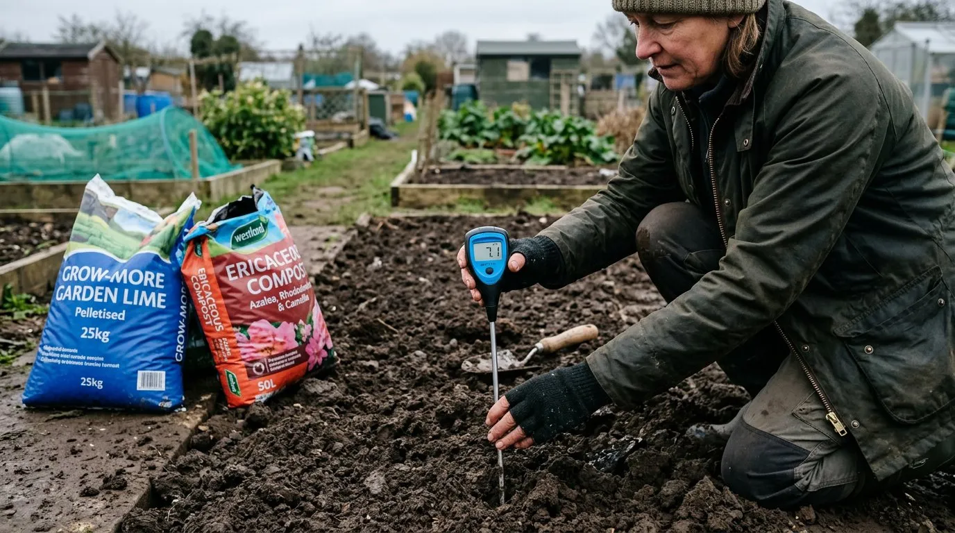 Digital soil pH meter inserted into garden soil with a clear LCD reading