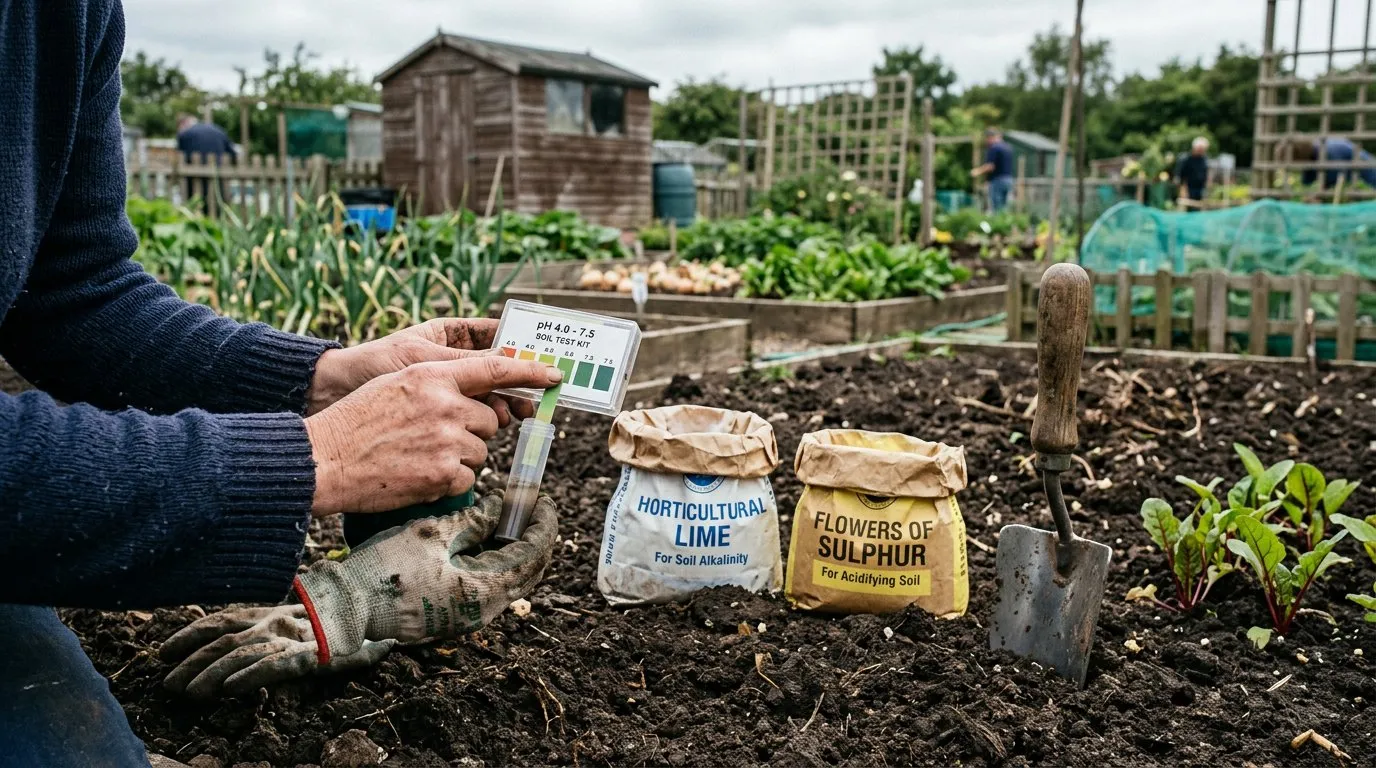 Soil pH testing kit with colour indicator strips next to freshly dug earth in a UK garden