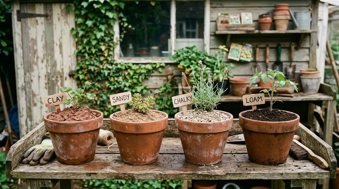 Different UK soil types arranged in pots showing clay, sand, chalk, loam, and peat