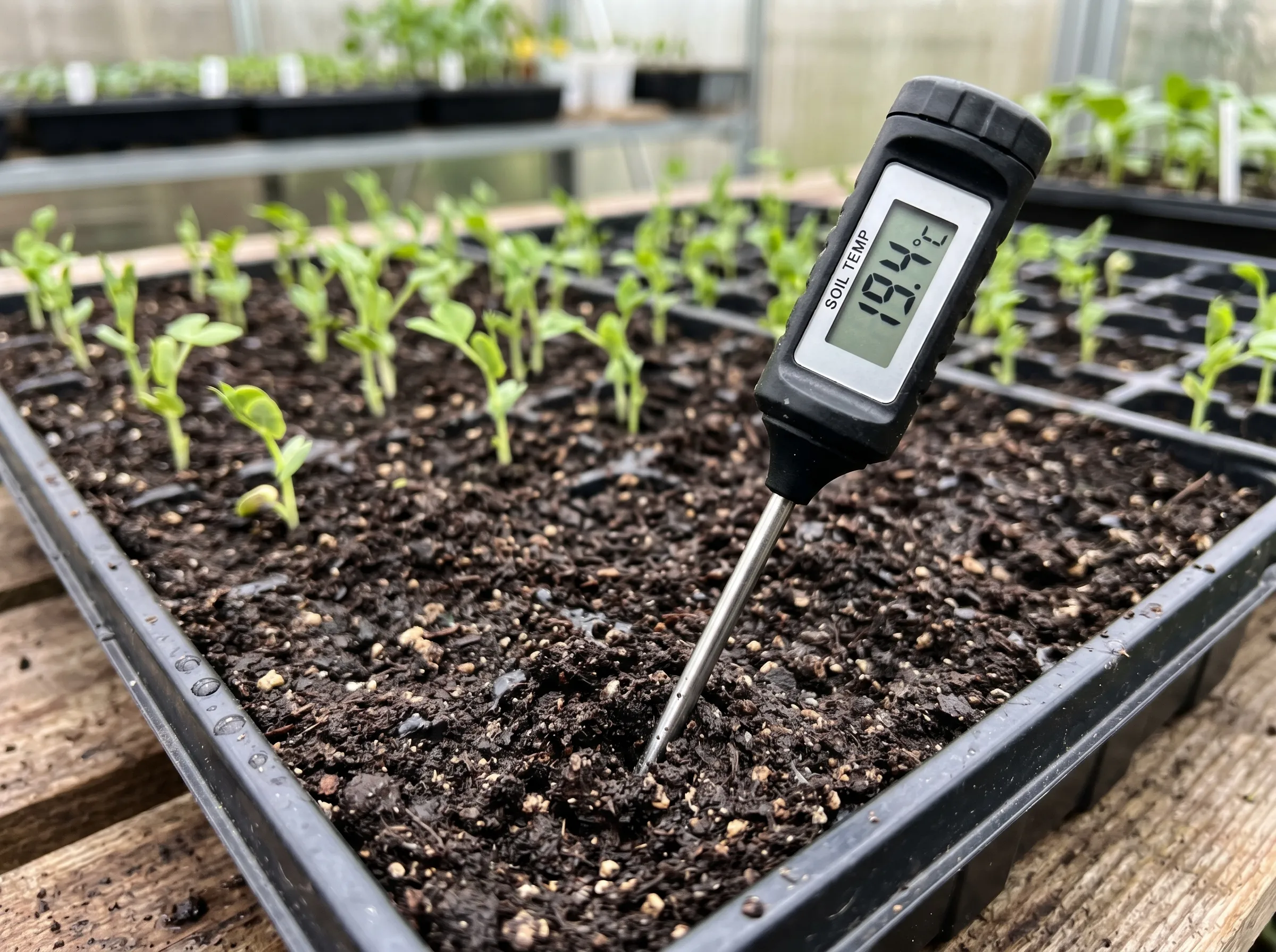 Soil thermometer pushed into damp compost of a UK seed tray showing a digital temperature display reading 19.4C next to germinating pea seedlings
