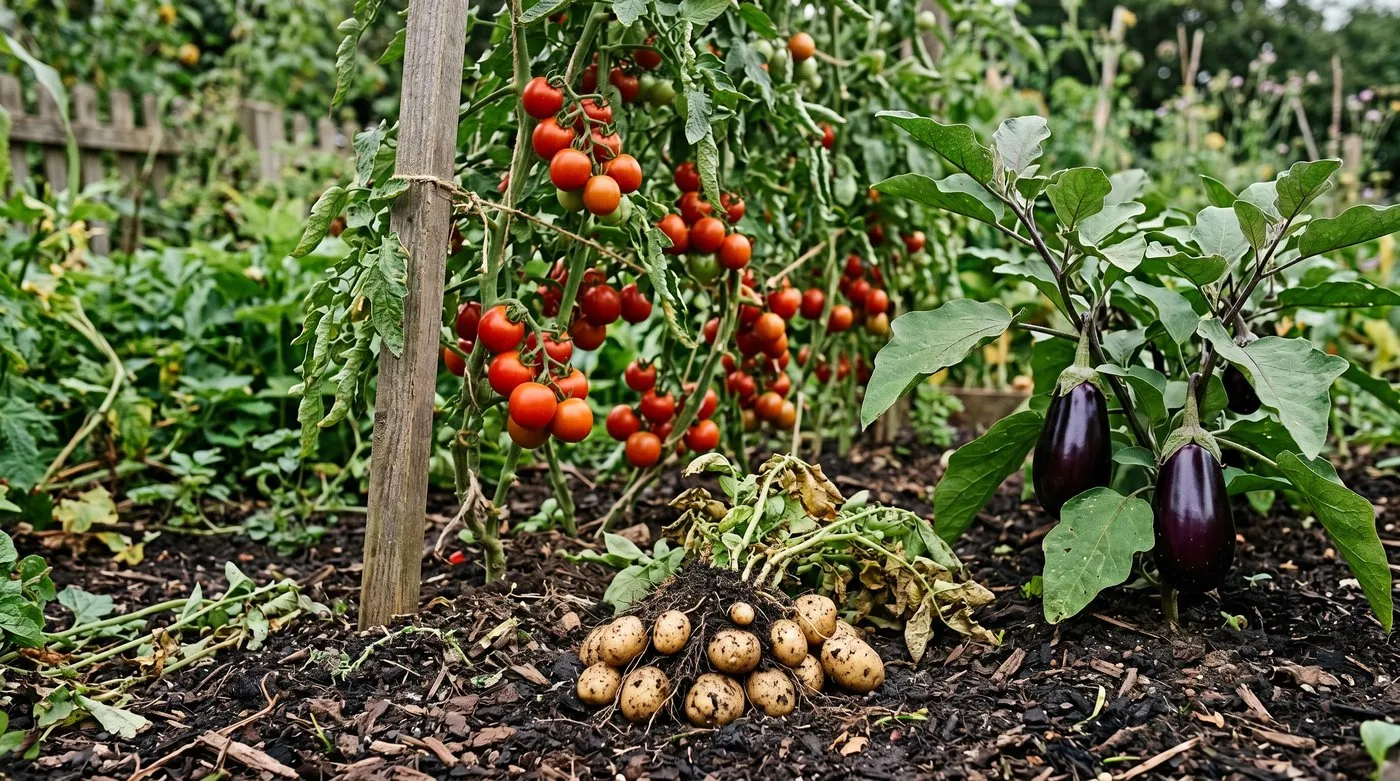 Solanaceae family in a UK garden - cordon tomatoes with red ripening fruit, glossy purple aubergines, and freshly dug new potatoes on the soil