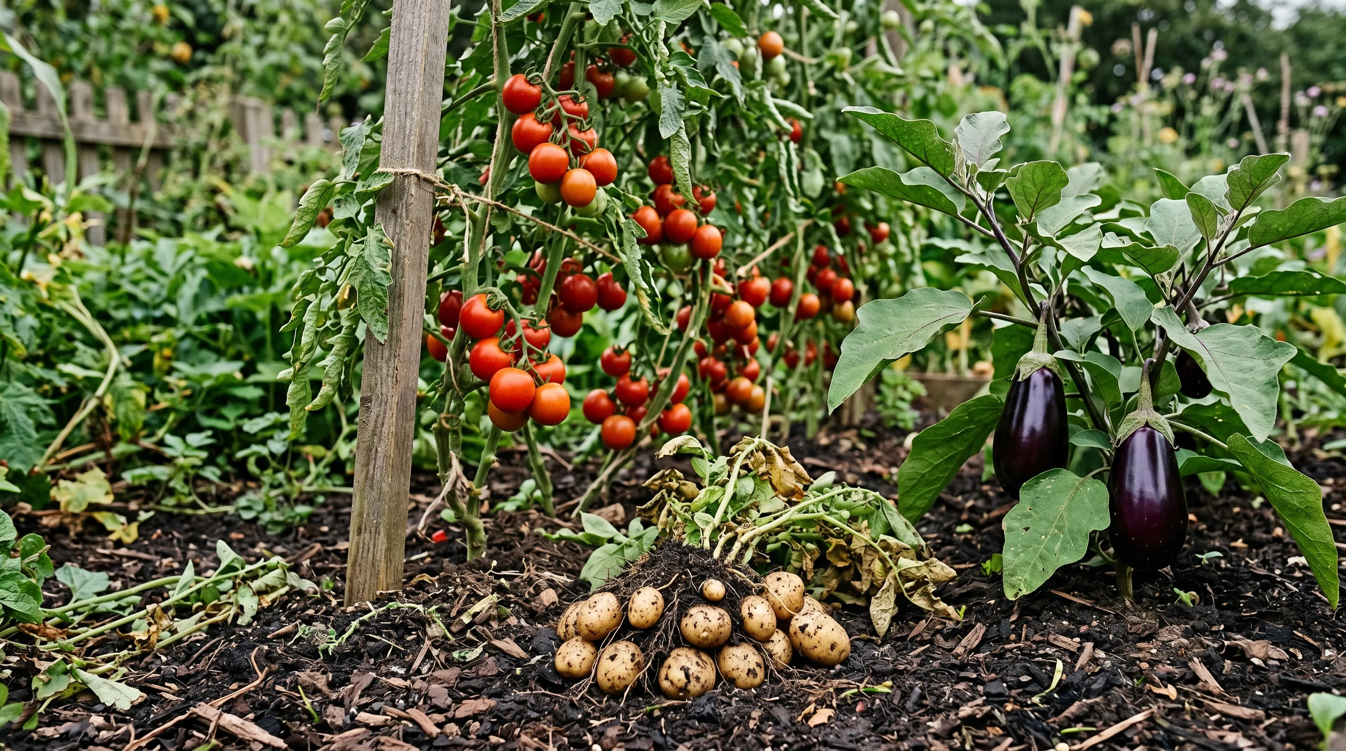 Solanaceae family in a UK garden - cordon tomatoes with red ripening fruit, glossy purple aubergines, and freshly dug new potatoes on the soil