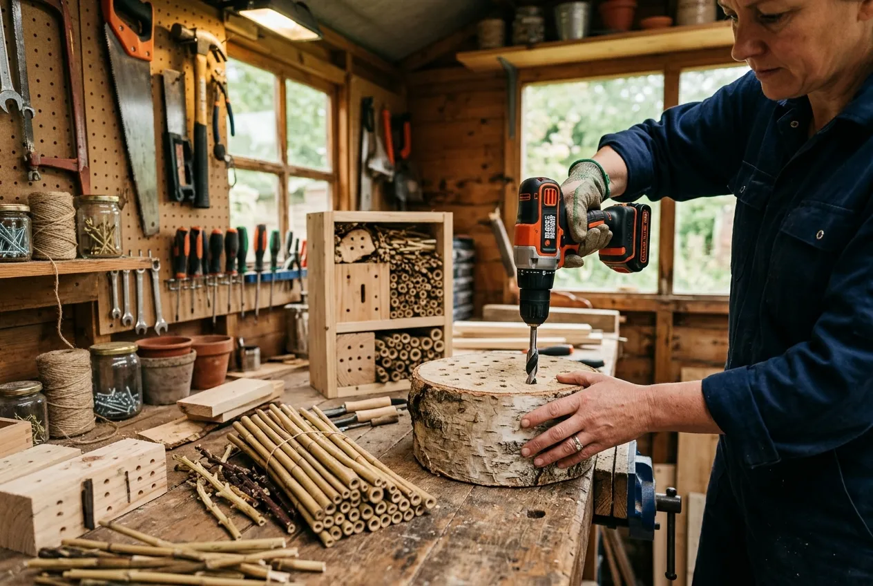 DIY solitary bee hotel being constructed with bamboo tubes and drilled log in a UK garden