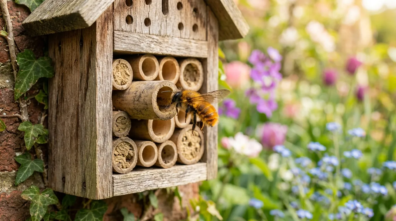 Red mason solitary bee entering a bamboo tube bee hotel in a UK cottage garden with spring flowers
