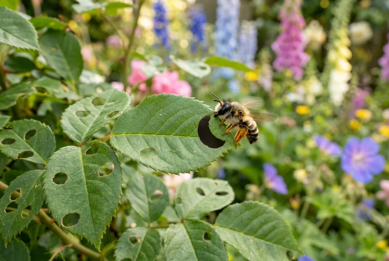 Leafcutter solitary bee cutting a semicircle from a rose leaf in a UK garden