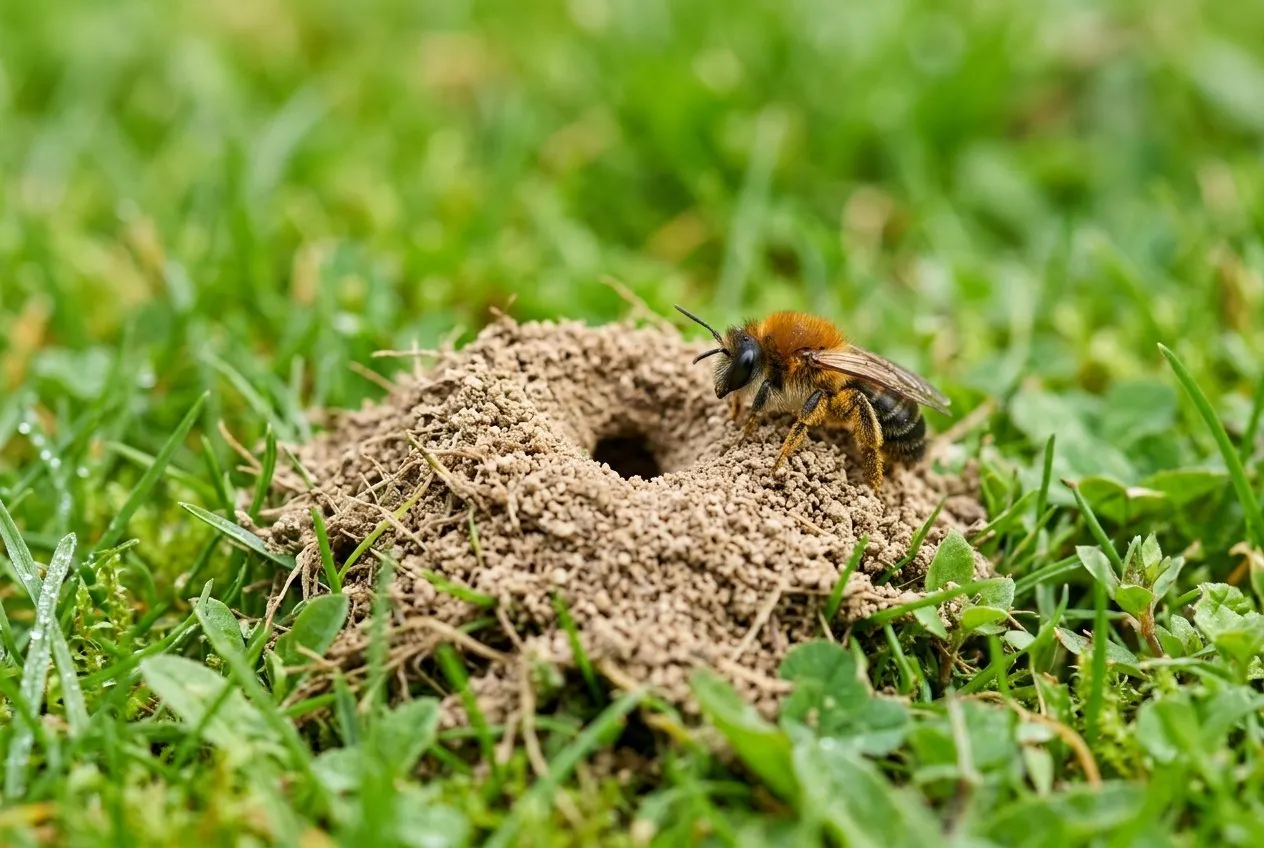 Tawny mining solitary bee at her ground nest entrance in a UK garden lawn
