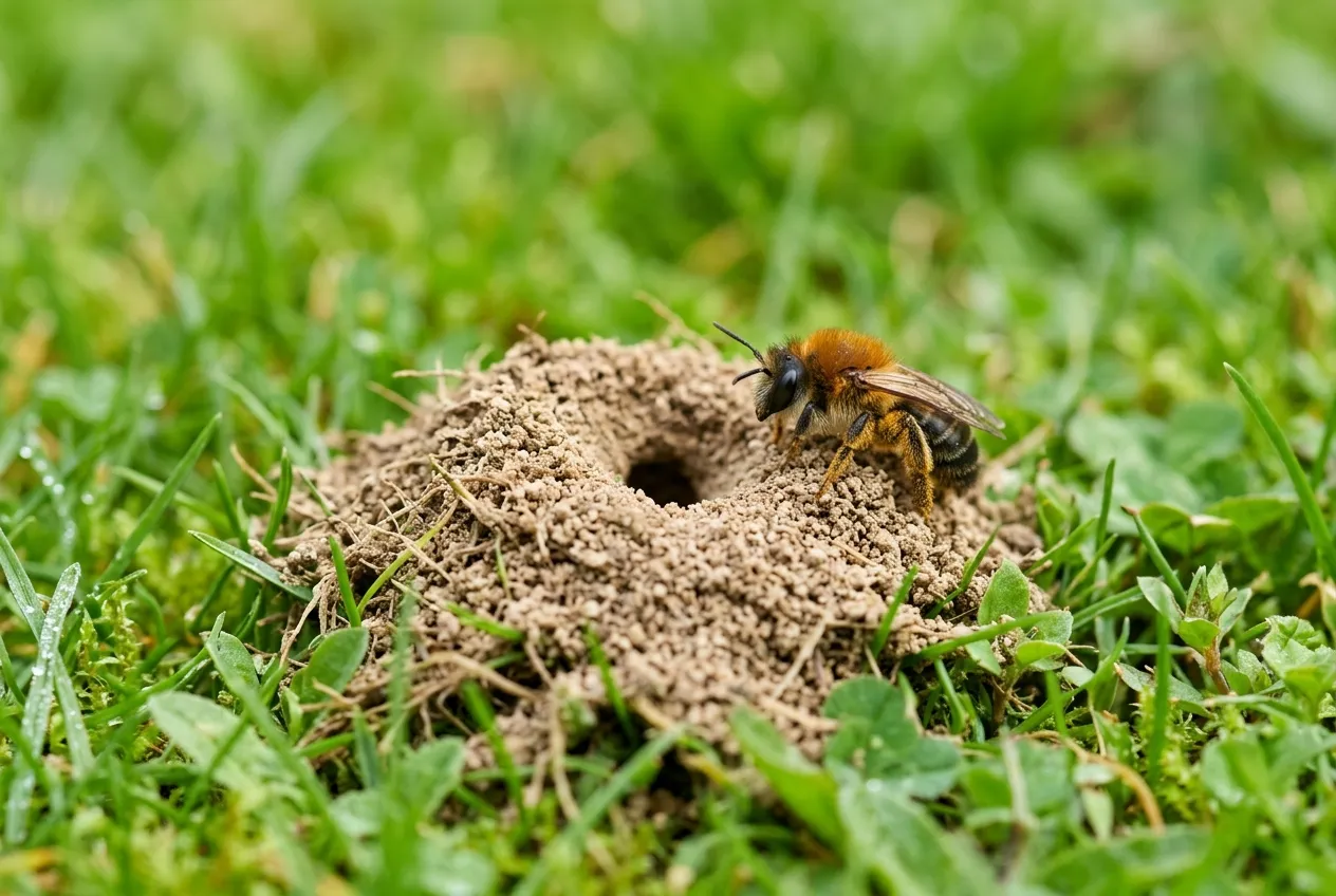 Tawny mining solitary bee at her ground nest entrance in a UK garden lawn