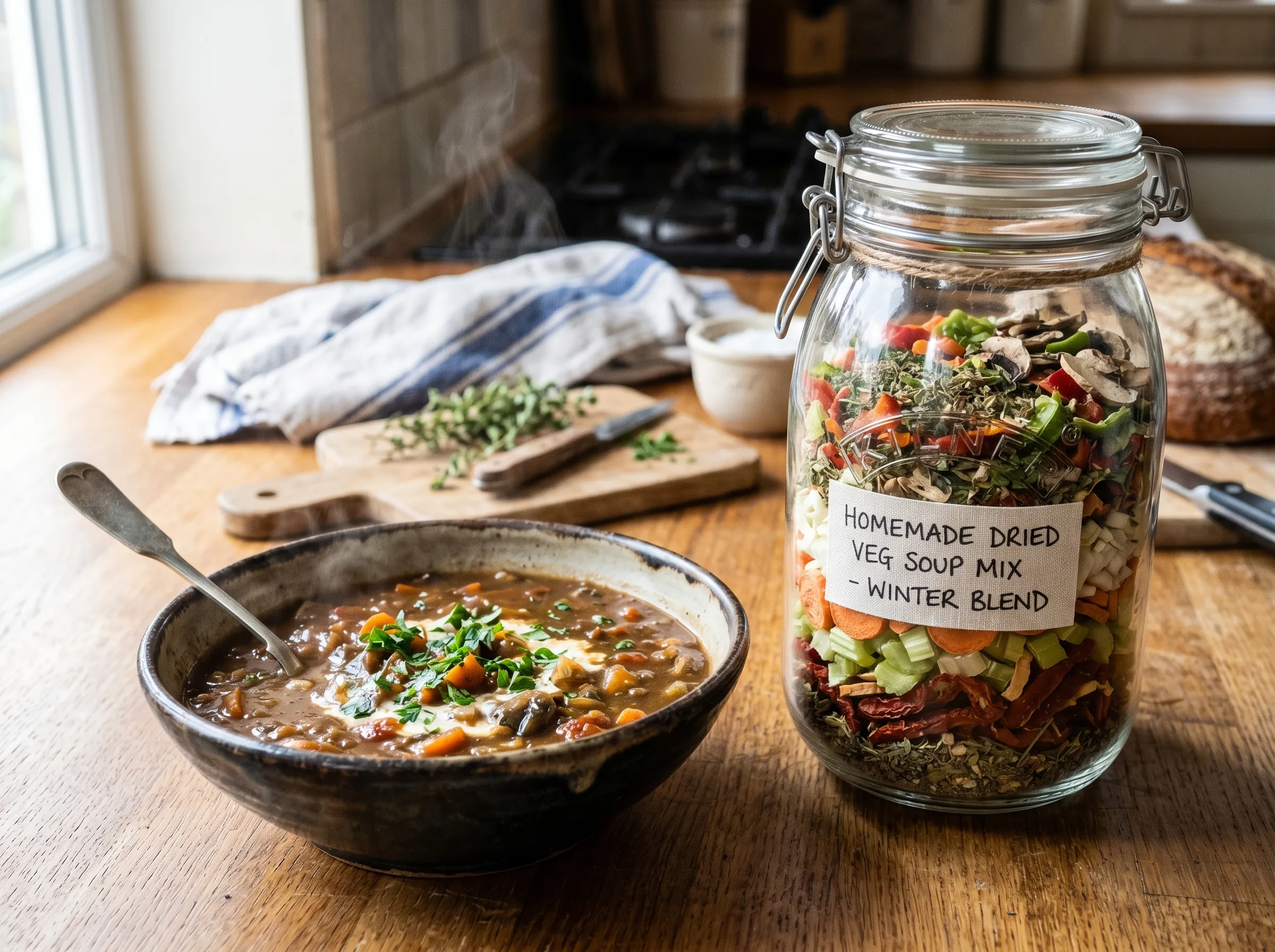 UK kitchen worktop with a glass jar of home-made dried-vegetable soup mix - tomato strips, onion dice, carrot slices, celery, pepper, mushroom and herbs visible through the glass - next to a bowl of finished soup made from the mix, steaming and rich brown