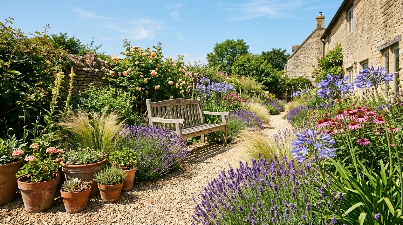South-facing garden in full summer sun with lavender borders, ornamental grasses, and a gravel path in a UK suburban setting