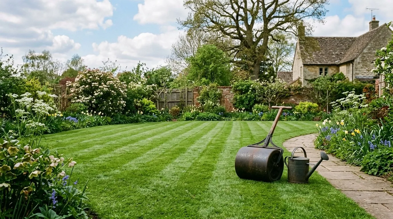Young UK lawn after first mowing with fresh green growth and garden roller and watering can on the side
