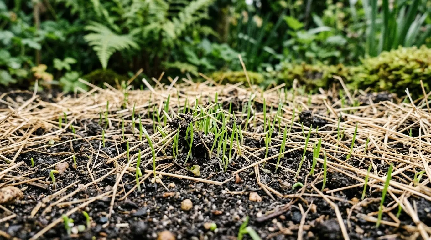 Close-up of UK grass seed germinating with tiny green shoots emerging through the soil and a fine layer of straw mulch
