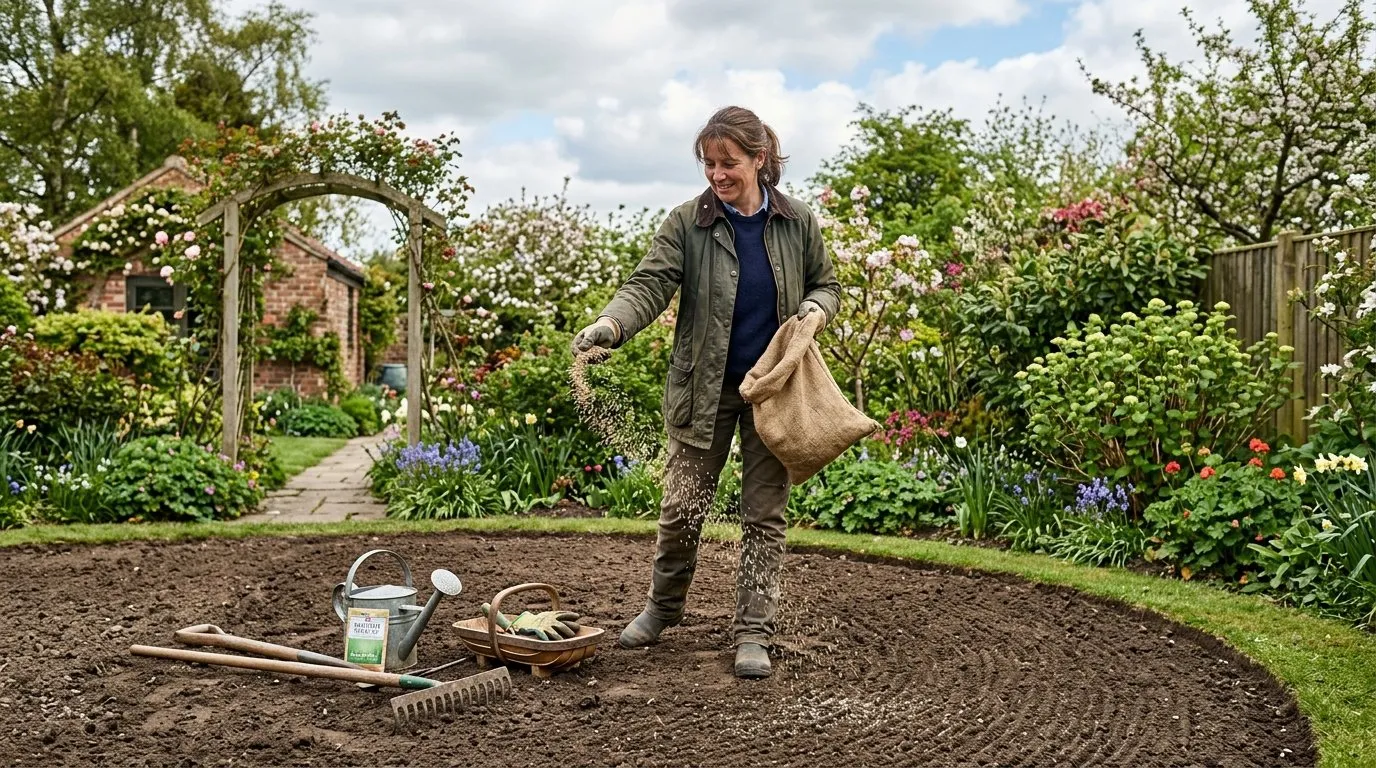 UK gardener broadcasting grass seed by hand across a freshly raked patch of bare soil for a new lawn with garden tools nearby