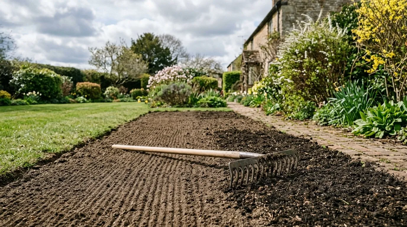 UK lawn area being prepared for grass seed sowing with a soil rake making a fine tilth on prepared soil with top dressing visible