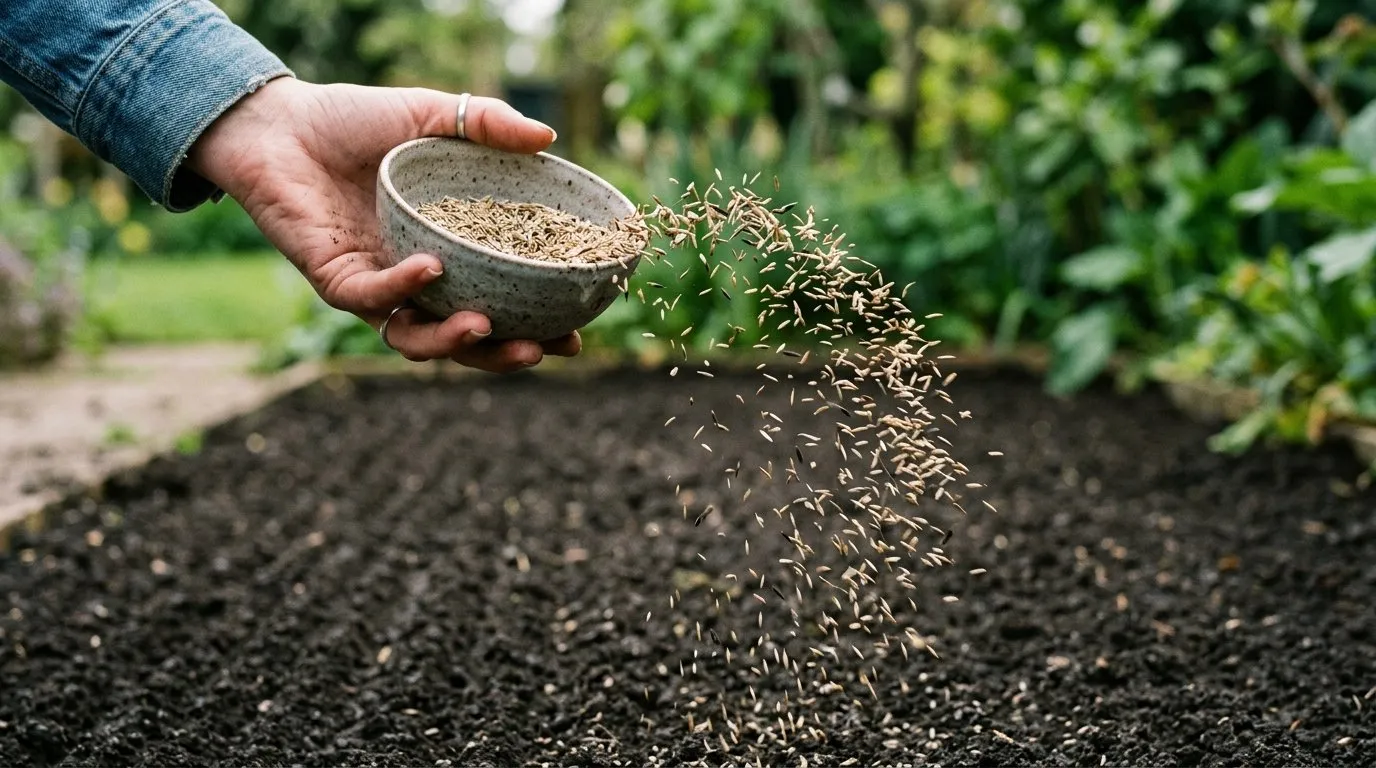Hand sowing UK grass seed evenly across raked soil from a small bowl with seeds visible mid-air