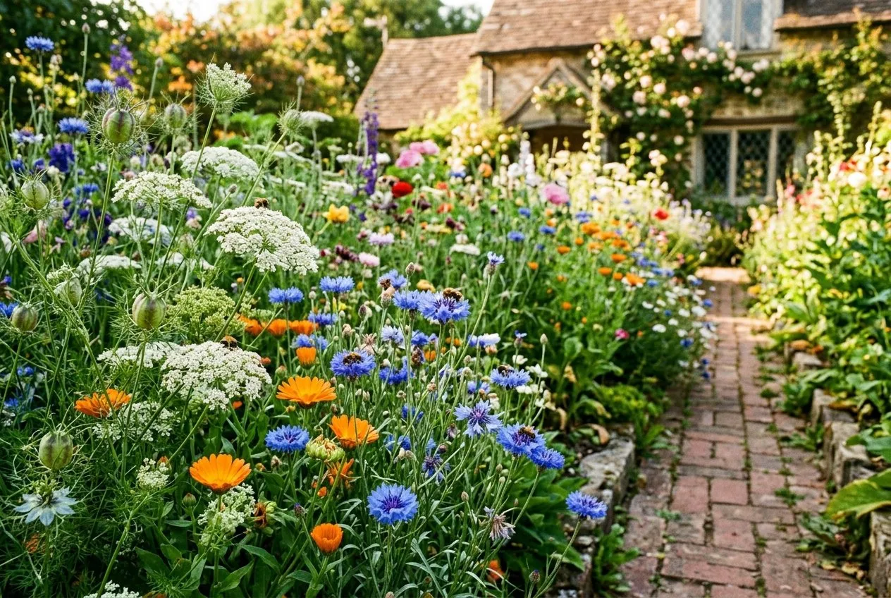 A full UK cutting border in July, drifts of blue cornflowers, orange calendula, white Ammi and nigella seed pods mingling in the sun