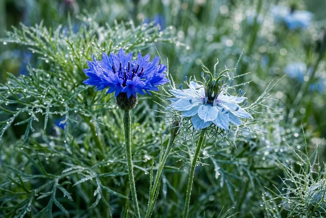 Macro close-up of a vivid blue cornflower and a nigella love-in-a-mist flower side by side, both grown from a direct sowing