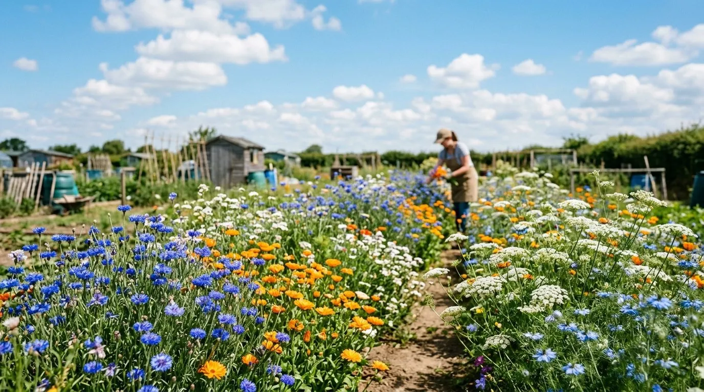 A sunny UK cutting patch full of direct-sown hardy annuals in bloom: blue cornflowers, orange calendula, nigella and poppies