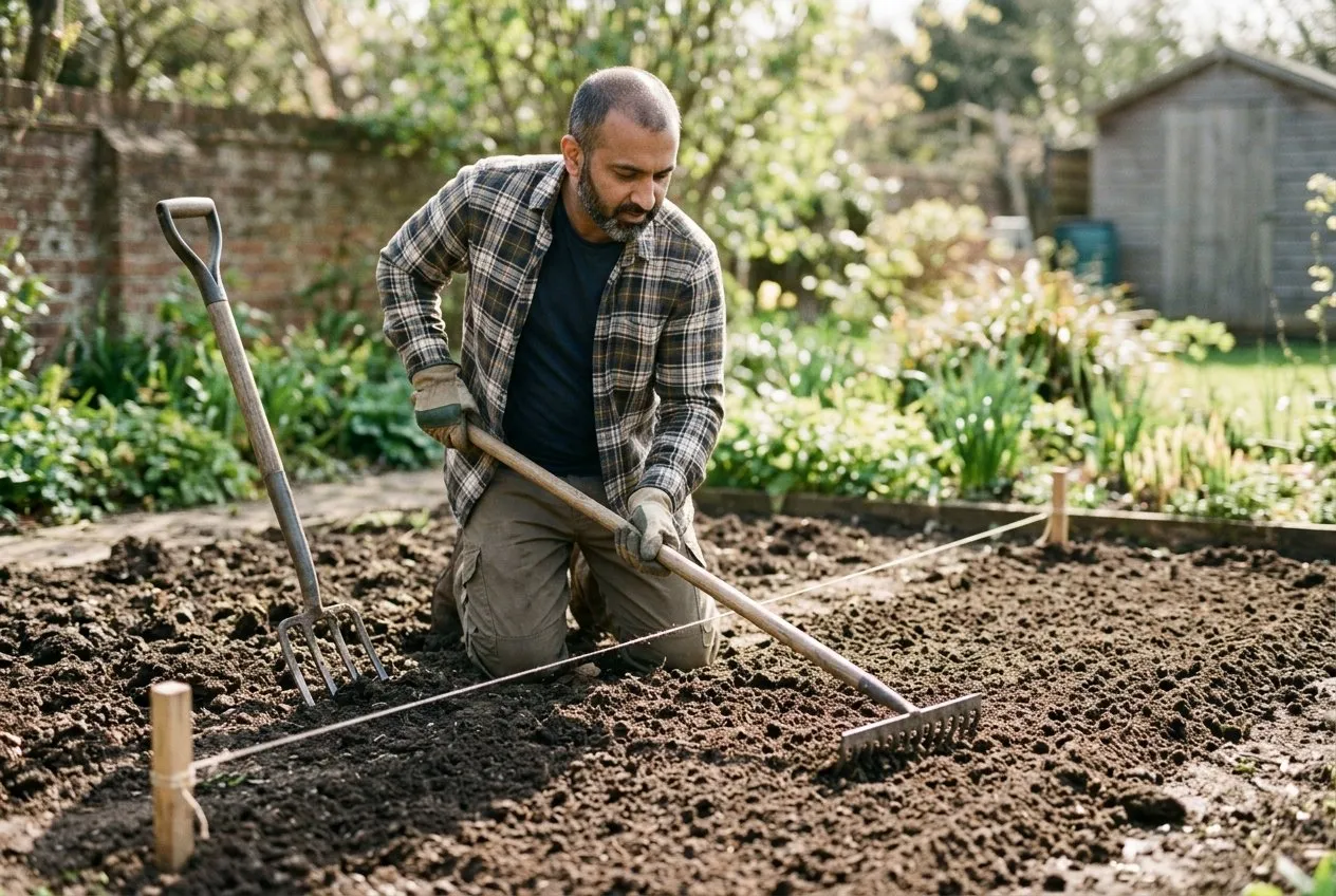A British Asian man raking a sunny garden bed to a fine crumbly tilth ready for sowing, fork and string line beside him