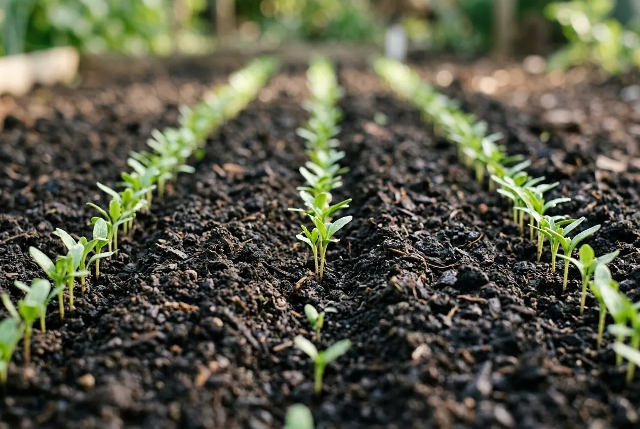 Even rows of young hardy annual seedlings emerging in straight drills in a prepared bed, fine green seedlings against dark soil