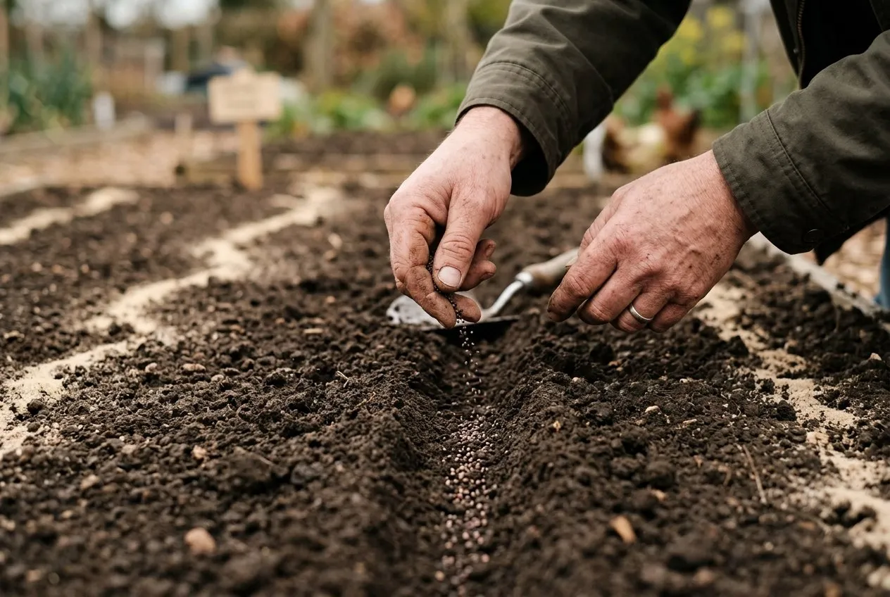 Hands trickling fine hardy annual seed along a shallow straight drill drawn in a prepared bed, lines of dry sand marking each drift