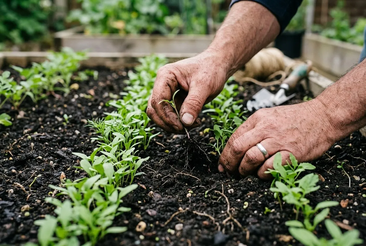 A gardener's hands thinning out surplus hardy annual seedlings from a crowded row, leaving evenly spaced strong young plants