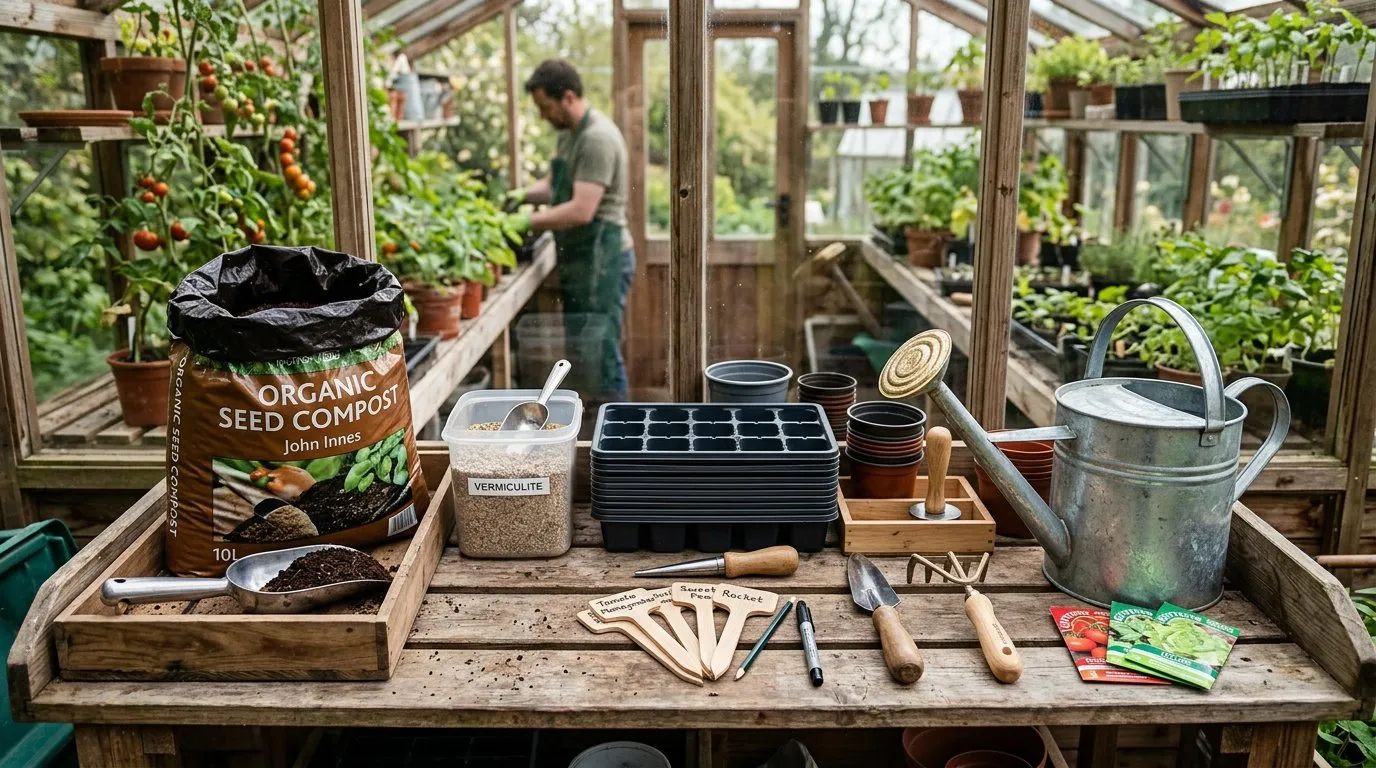 Seed sowing equipment arranged on a potting bench in a greenhouse