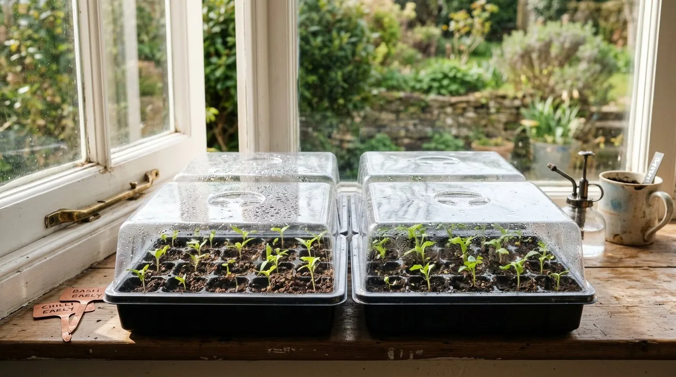 Seed trays with propagator lids showing seedlings just emerging
