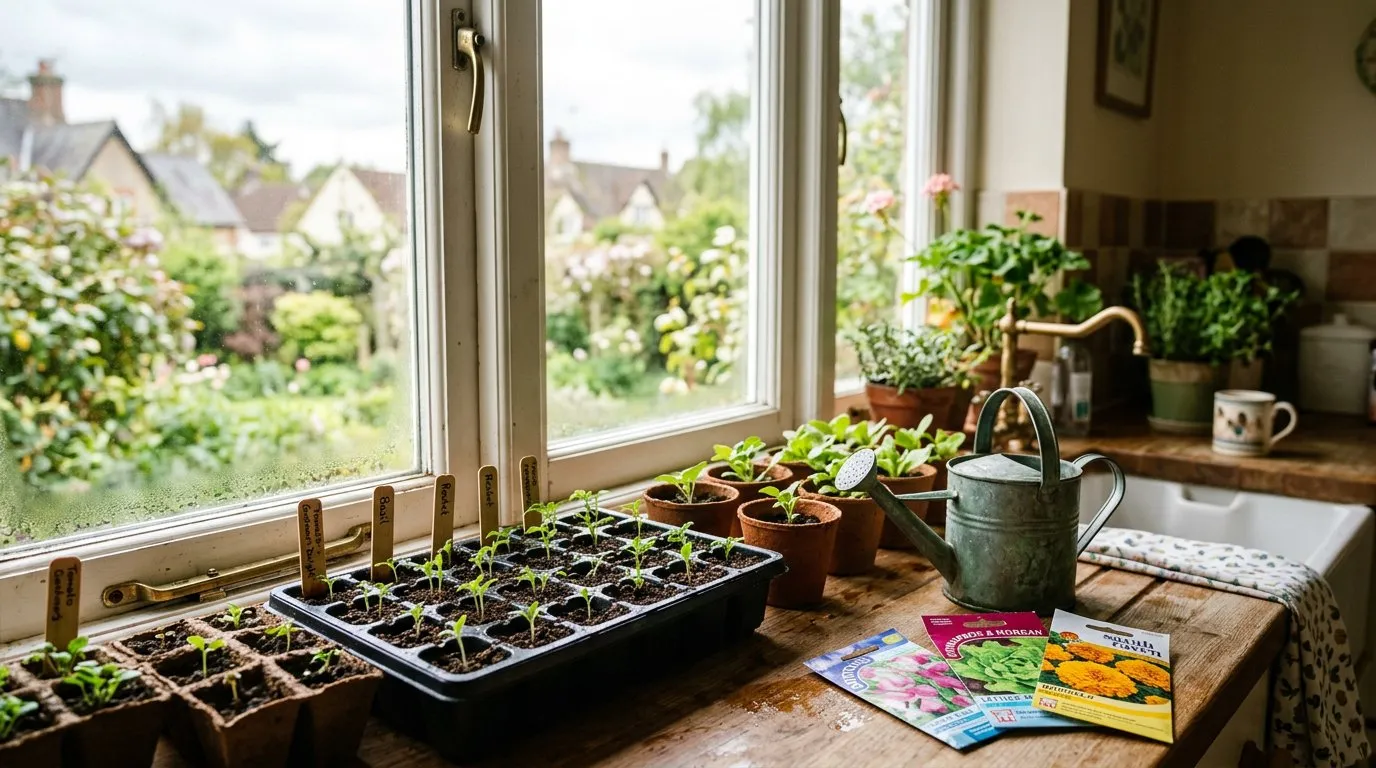 Seed trays and pots on a bright windowsill with young seedlings emerging in a UK home