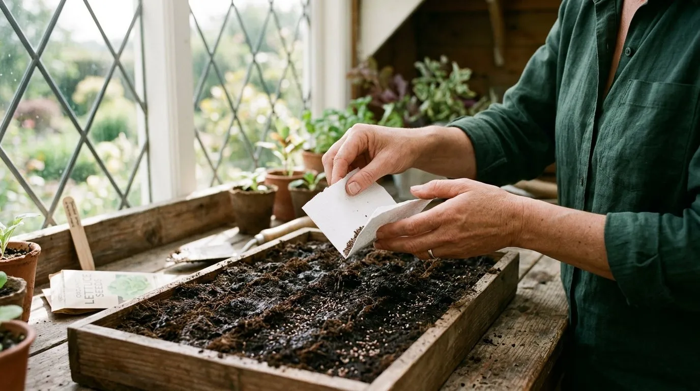 Hands sowing fine seeds onto moist compost using a folded piece of paper