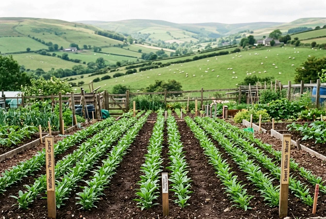 Rows of young wallflower and sweet William plants lined out 15cm apart in a nursery bed on a Welsh allotment in high summer