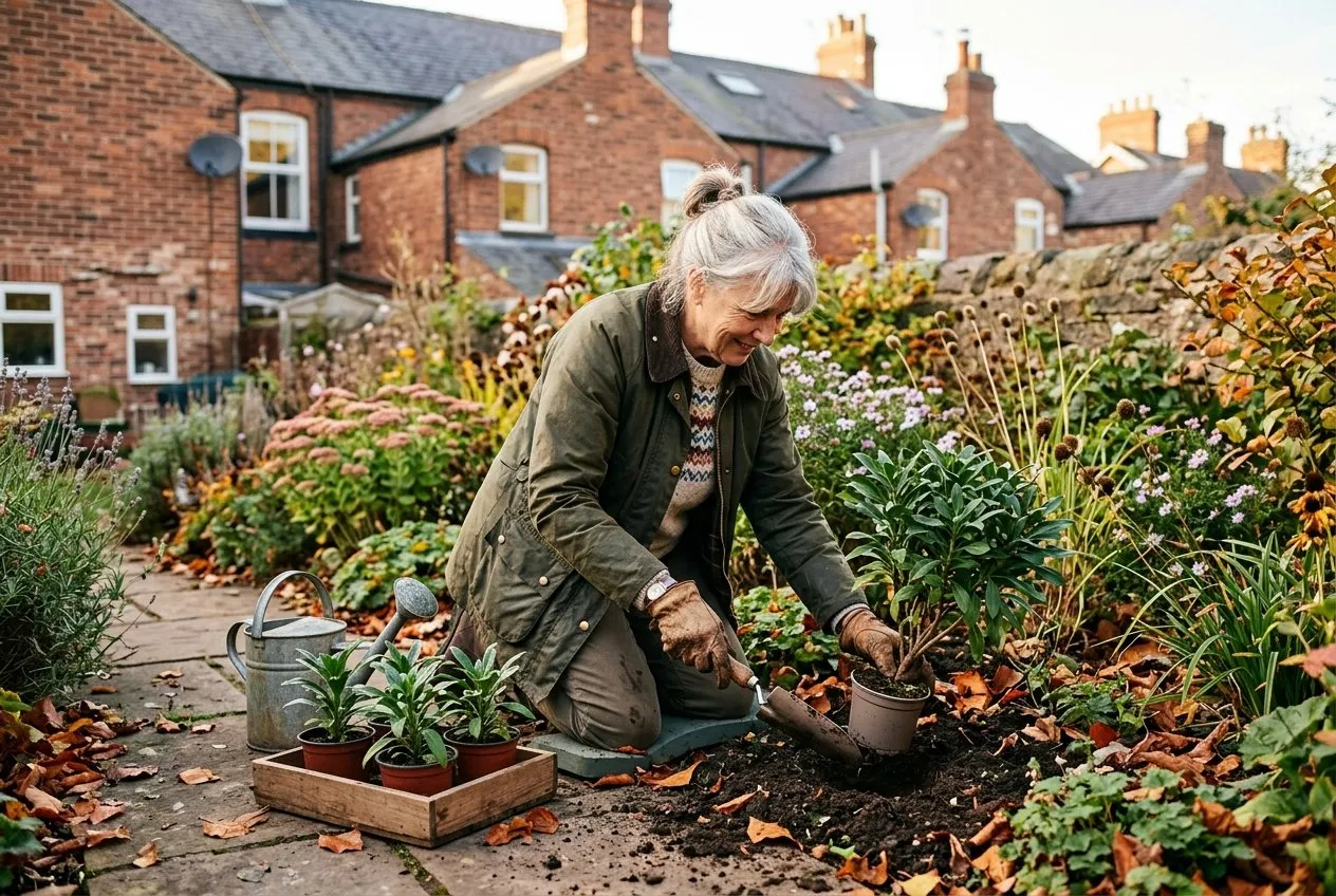 A gardener kneeling to plant out an established wallflower plant into a sunny border in autumn, with a trowel and a tray of plants beside them