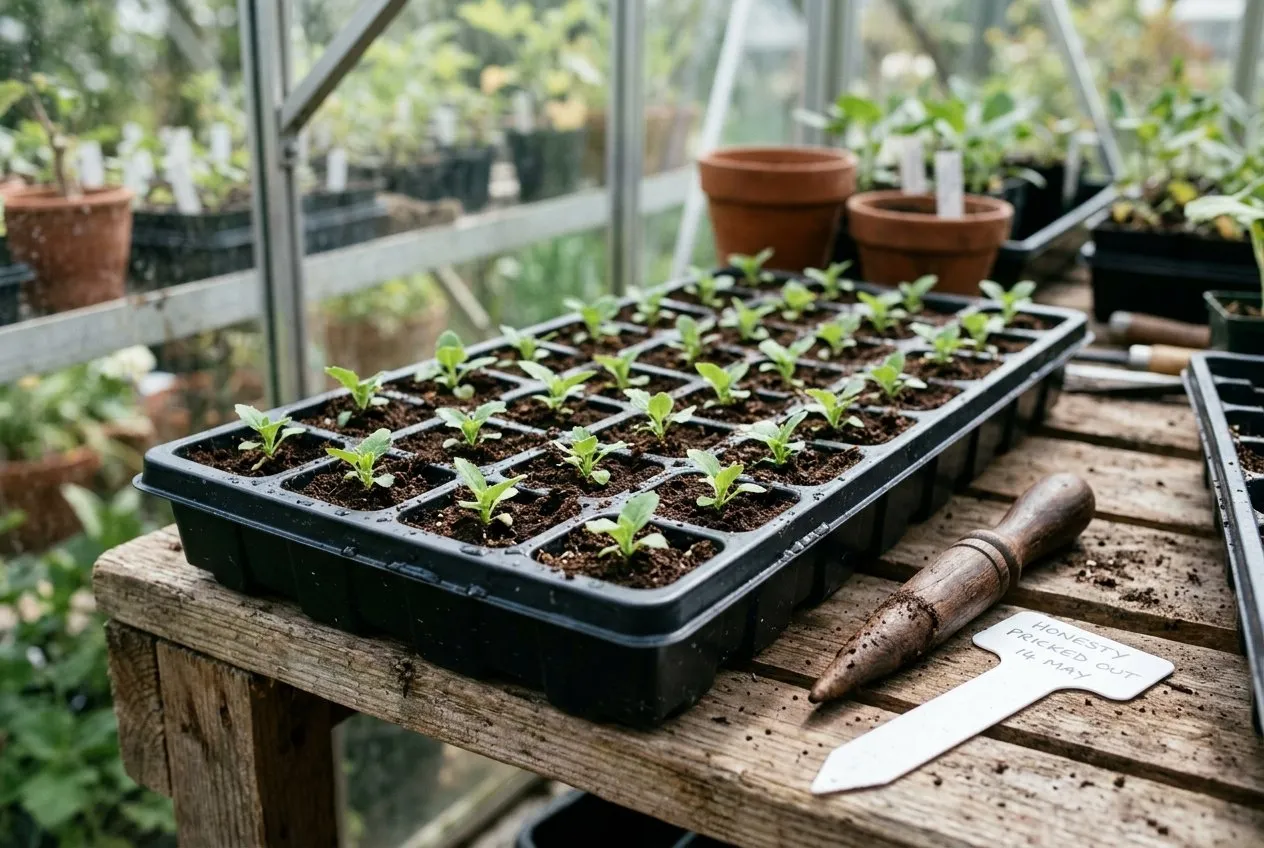Young biennial seedlings pricked out into a tray of square modules on a greenhouse staging bench, each module holding one small rosette