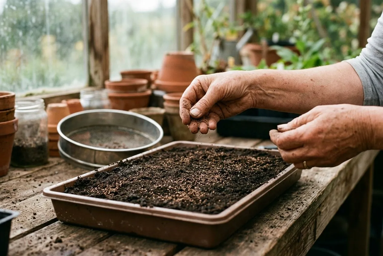 A gardener's hands scattering very fine foxglove seed across the surface of a tray of seed compost on a potting bench