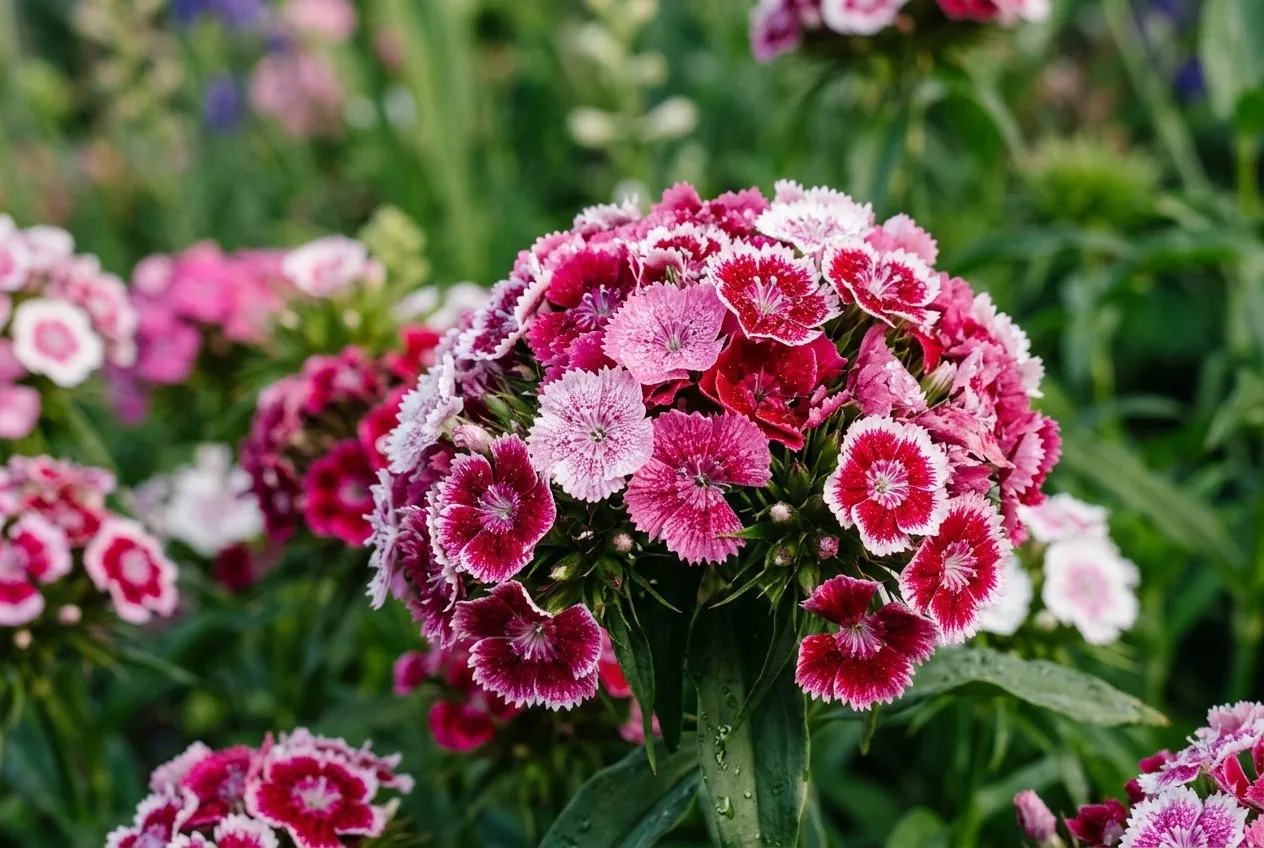A tray of sweet William flowerheads in mixed pinks, reds and bicolours photographed close up in a Yorkshire garden