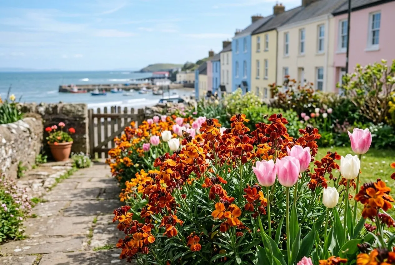A coastal town front garden the following spring, full of orange and red wallflowers in bloom beside tulips, with the sea visible behind
