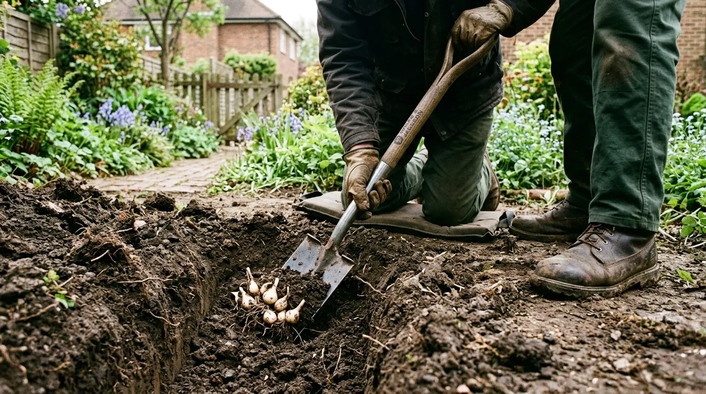 A gardener's hands using a long-bladed border spade to lift Spanish bluebell bulbs from 30cm depth in dark loam soil