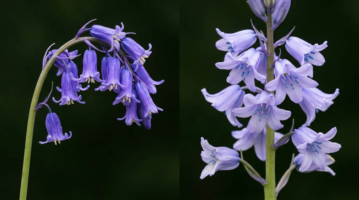 Side-by-side close-up of two bluebell flowers, native non-scripta with arching nodding flowers and cream anthers, and Spanish hispanica with upright stem and blue anthers